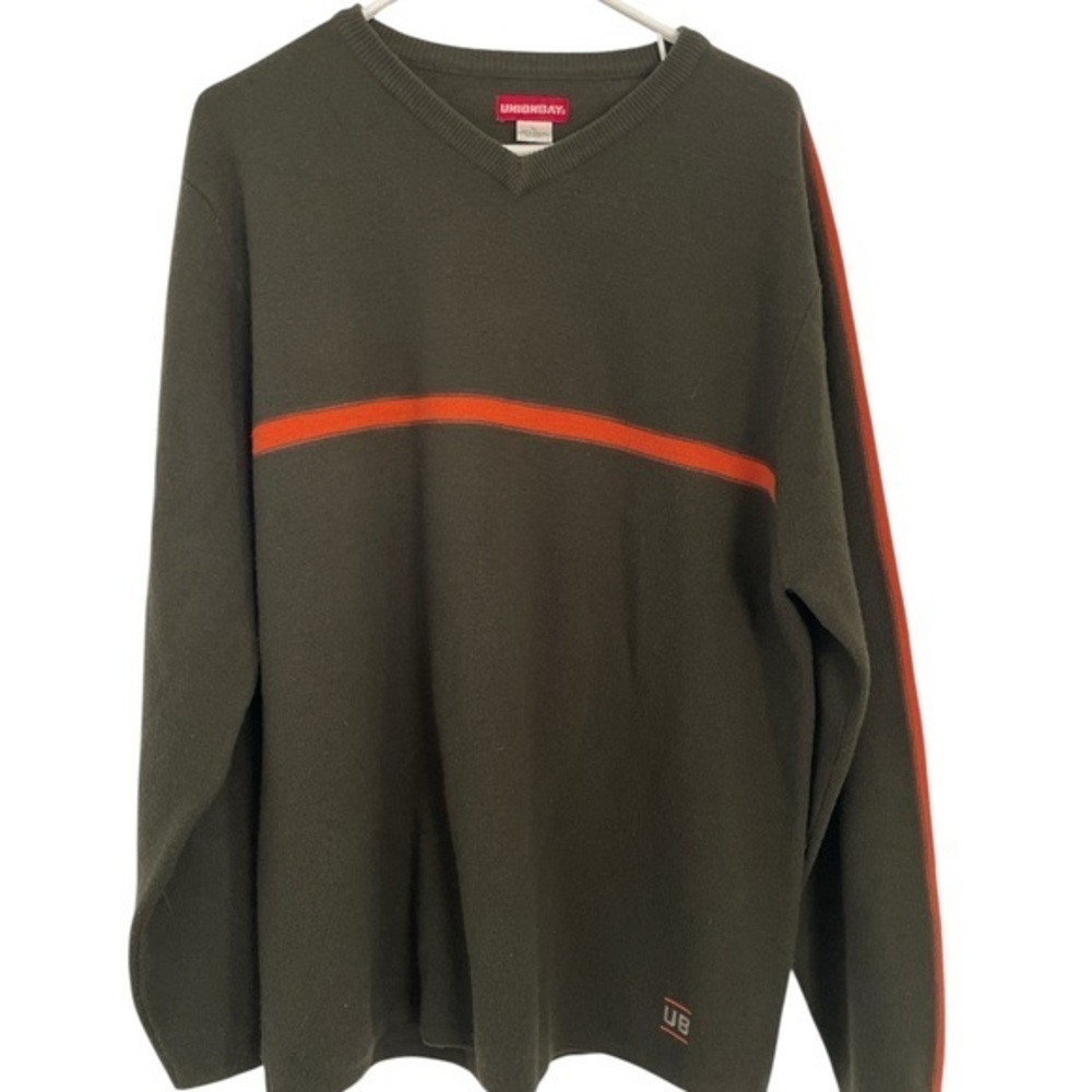 UNIONBAY Men's Vtg Y2K V-Neck Sweater in Olive with Orange Accent Dress size xlg